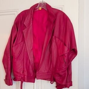 Women's Red Leather Bomber Jacket
